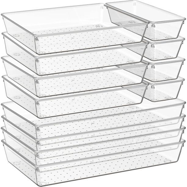 Juego de 12 bandejas organizadoras de cajones grandes de plástico transparente | Almacenamiento de cajones acrílico multiuso para cocina, baño, maquillaje, oficina, escuela, ropa interior