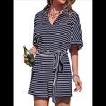thumbnail image 3 of Mono Corto Informal de Verano A Rayas para Mujer, de Corta, con Botones y Cinturón, con Cintura Elástica. Azul Oscuro S, 3 of 8