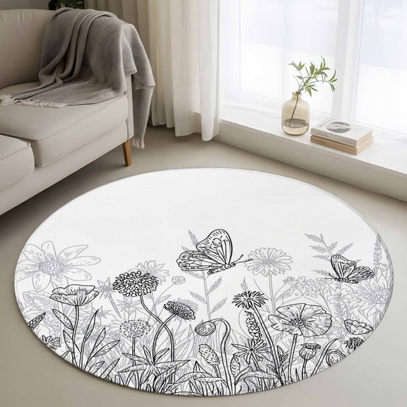 Round Rugs 4 Ft, Grey Wildflowers Non Slip Area Rugs for Kitchen Bedroom Entryway, Modern Spring Floral Butterfly Plant Washable Carpet Runner Rug Floor Mats for Bedroom Home Decor