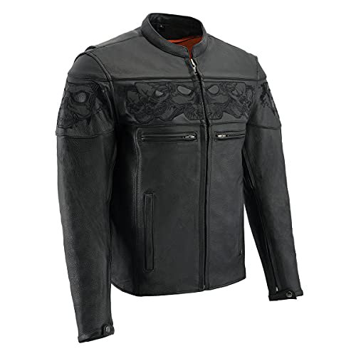 Milwaukee Leather MLM1500 Men's Crossover Black Leather Scooter Jacket with Reflective Skulls - 5X-Large