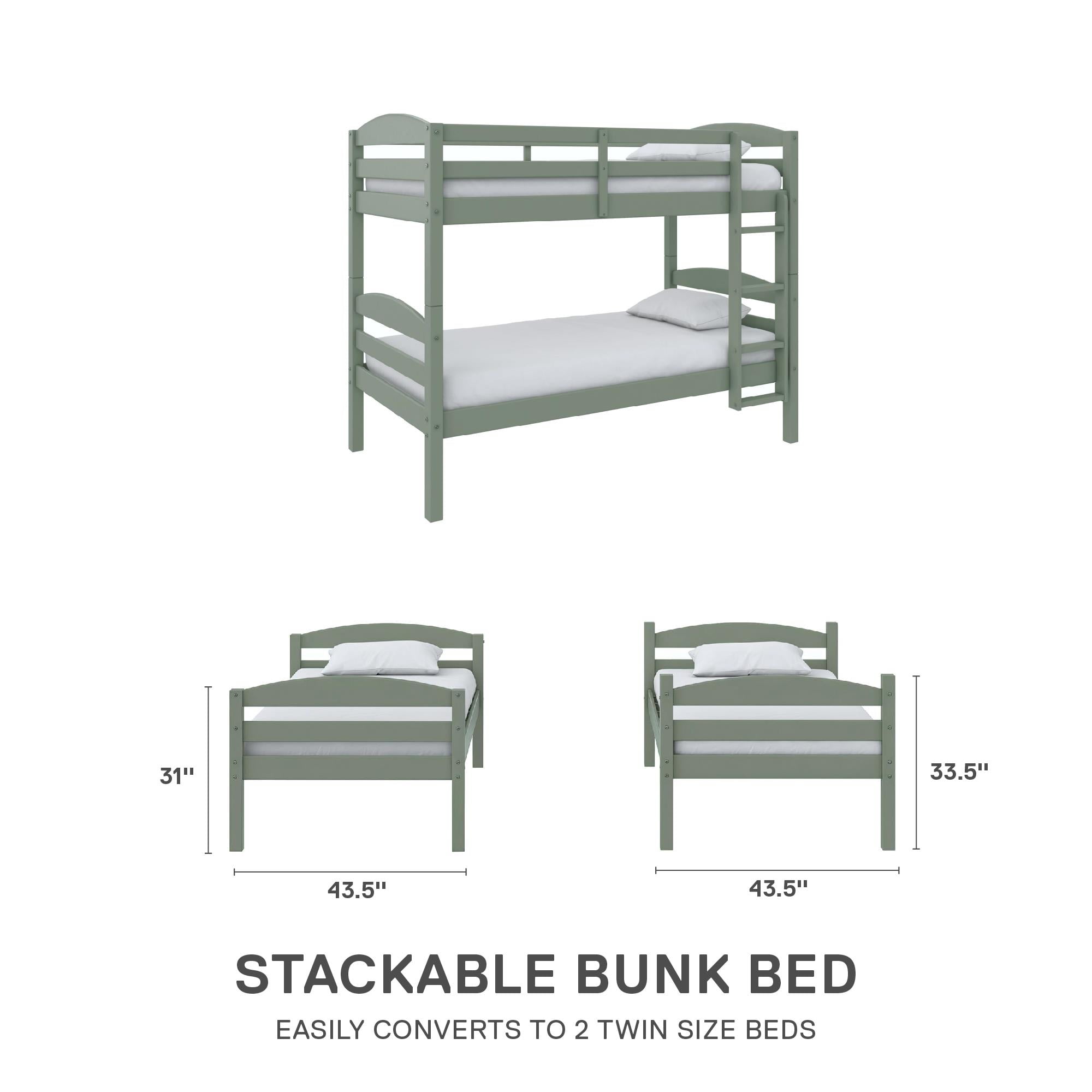 Better Homes & Gardens Leighton Kids Solid Wood Twin-over-Twin Convertible Bunk Bed with Ladder and Guardrails, Sage Green