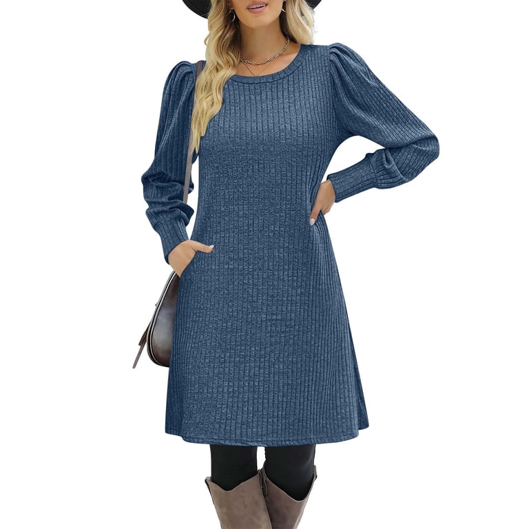 Tumotour Knee-Length Dress For Women Casual Loose Solid Color Puff Long  Sleeve Crew Neck Pleated Pockets Knitted Pit Strip A-Patchwork Slim Fit  Dress - Walmart.com