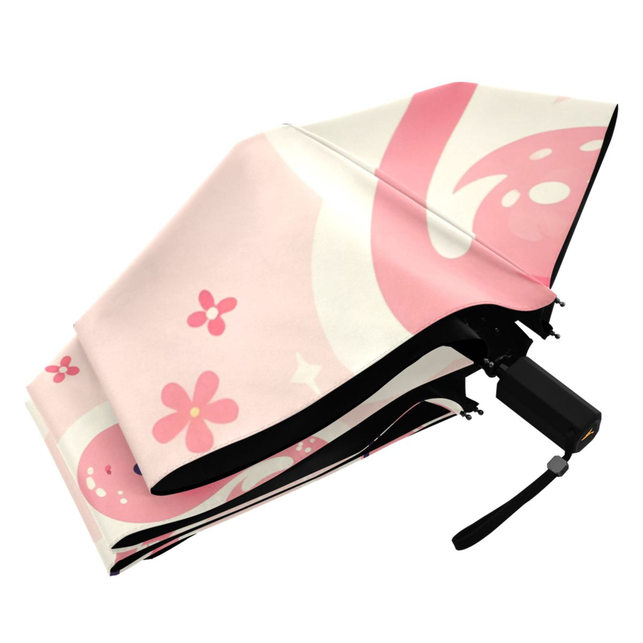 Cute Pink Flamingo and Flowers Compact Sun Umbrella Windproof Travel Umbrellas for Rain Strong Portable UV Protection