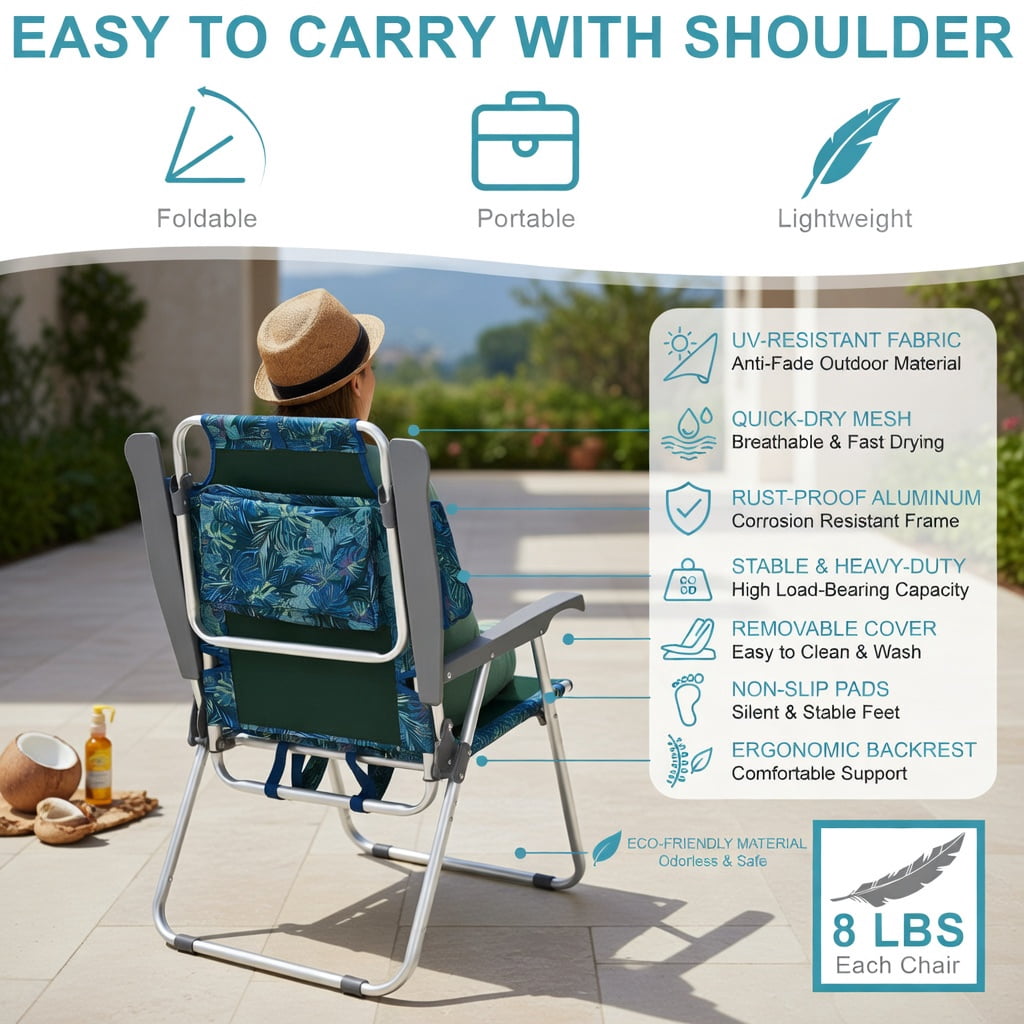 Hommoo 4-Pack Adjustable 5-Position Folding Beach Chair Set with Pillow, Aluminum Frame, Navy
