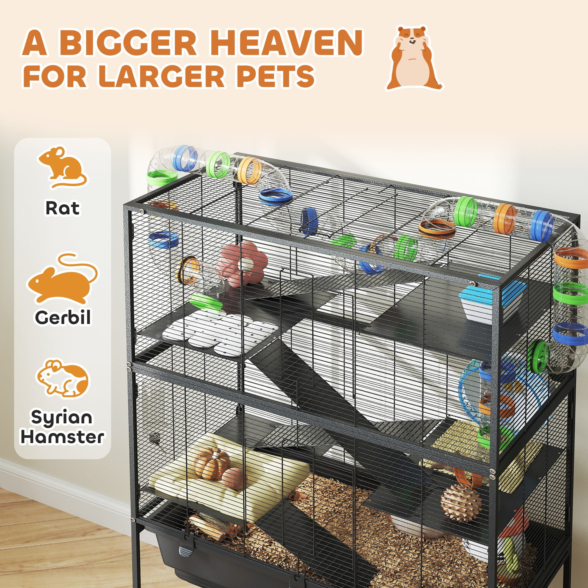 PawHut Hamster Cage, 5 Tier Rolling Rat Cage with Deep Tray, Storage Shelf, Big Exercise Wheel, Hut, Tube System, for Syrian, Gerbil, Mouse
