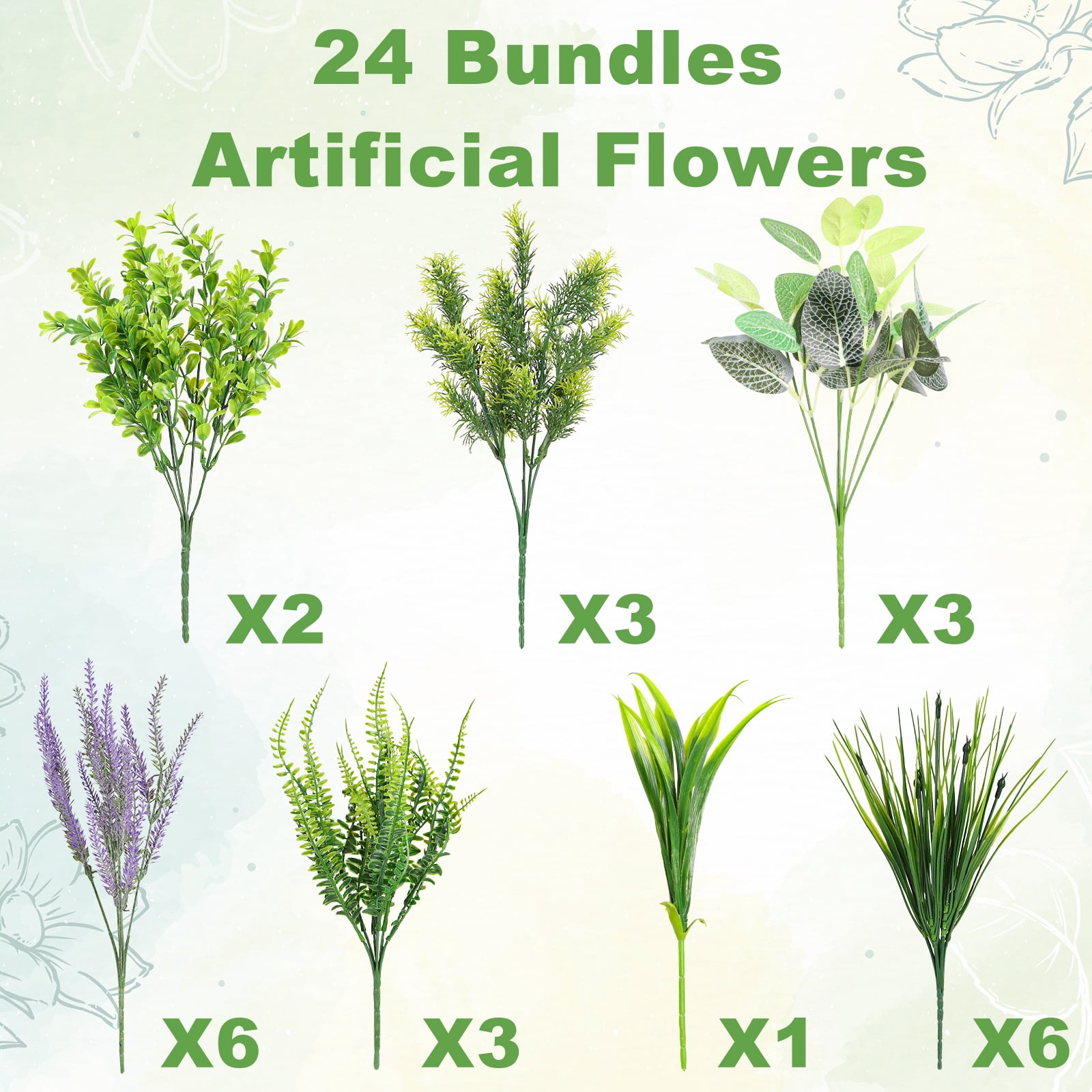 VKFVKF 24 Bundles Artificial Flowers for Outdoors UV Resistant Fake Plastic Plants Faux Boston Fern Greenery Stems for Spring Summer Indoor Garden Patio Window Box Kitchen Home Decor, Mixedcolor