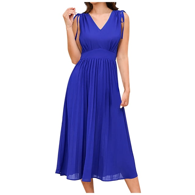 Yuyuzo Robes pour Femmes 2025 Invité de Mariage Col en V Sans Manches Plissée Robe Formelle Taille Haute Décontractée pour Travail Cocktail