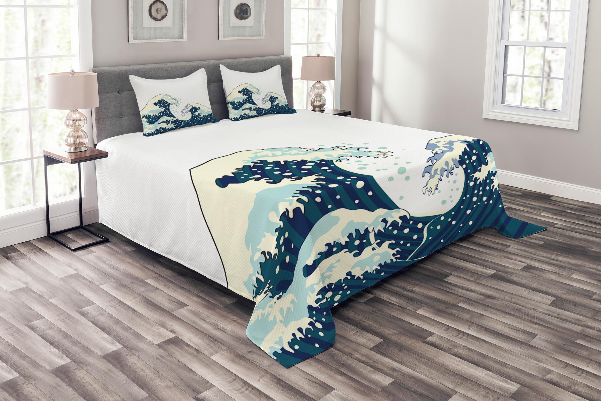 Waves Bedspread Set, Japanese Kanagawa Illustration Nautical Ocean