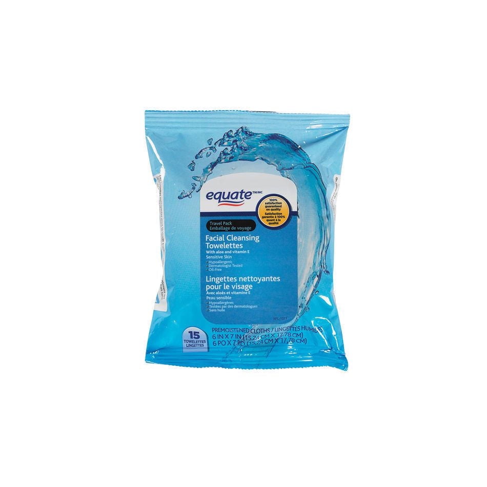 Lingettes nettoyantes equate pour le visage, emballage de voyage