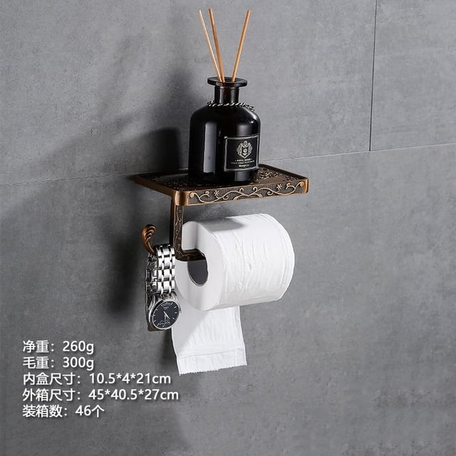 Zhuge Portarrollos de papel higiénico vintage con estante, portarrollos de papel higiénico, portarrollos de papel higiénico de aluminio para montaje en pared, dorado