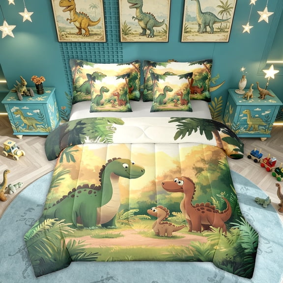 Feelyou Kawaii Family Dino Twin Bedding Sets for Kids, Sunshine Wildlife Bedding Comforter Set, Green Orange, Grey Reversible, 7-Piece