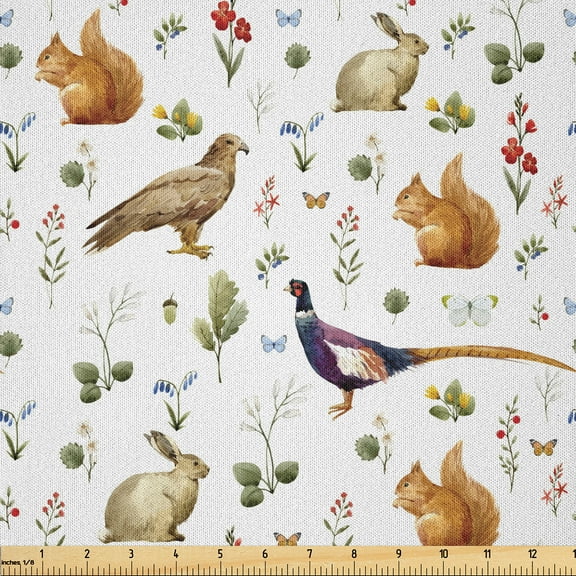 Ambesonne Squirrel Fabric by the Yard Microfiber, Flora and Plantation Herbs, 1 Yard, Eggplant and Ginger