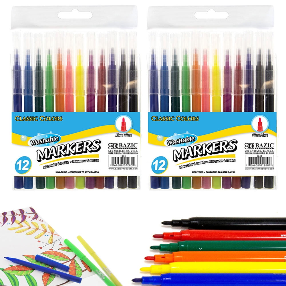 24 PC Classic Color Markers Brilliant Assorted Colors Fine Tip Line Washable Art