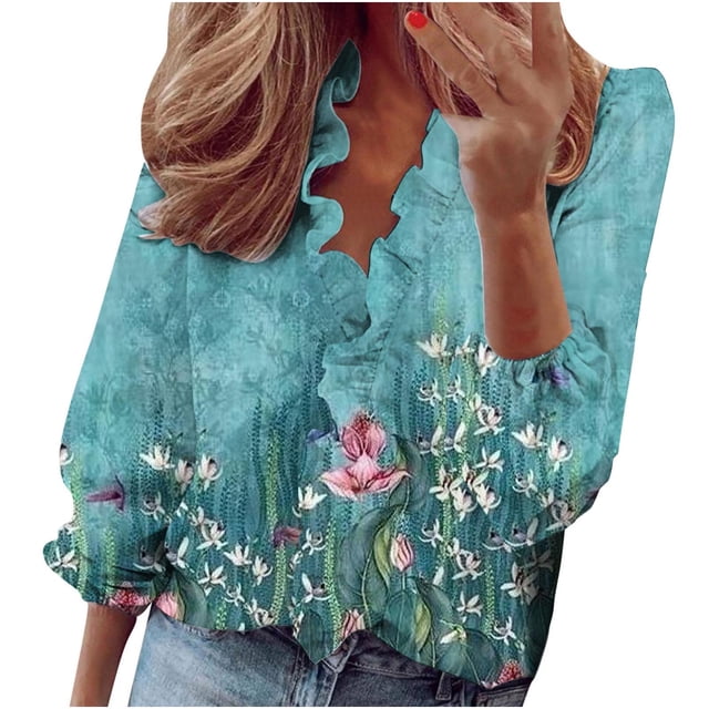 Mujeres Casual Manga completa Cuello en V Tops Camisas sueltas Blusa Tops estampados Pompotops FGAJ13959