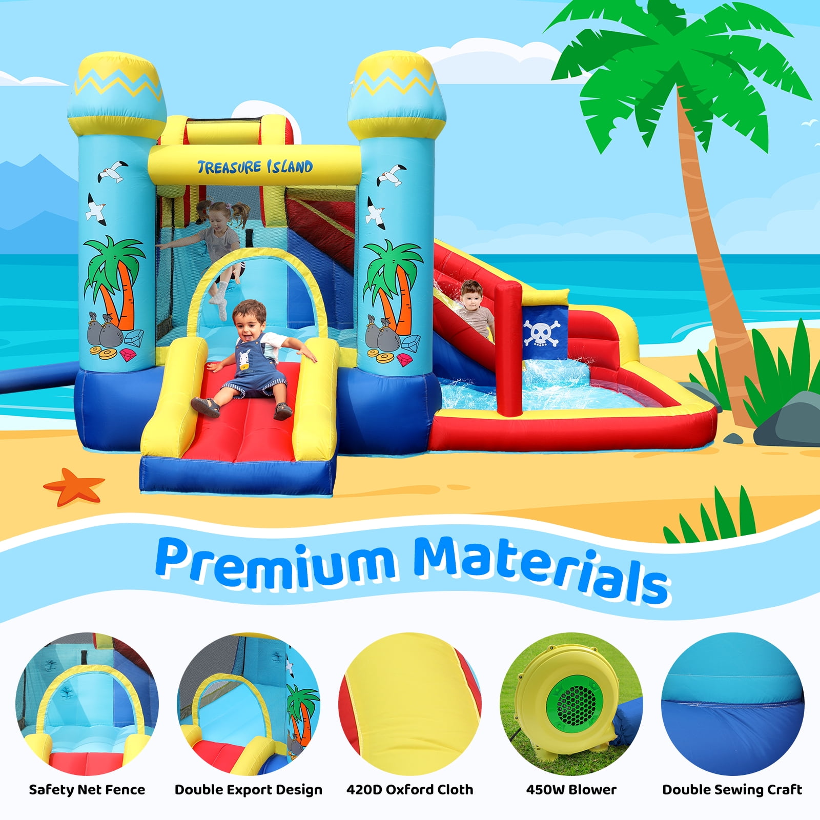 MIRUNAIR Inflatable Bounce House, Bouncy House For Kids 3-10 Ages, Jumping Castle With Air Blower,Carry Bag, Ball Pit, Basketball Hoop, Slide