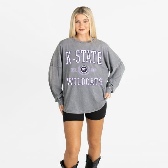 Women's Gameday Couture Gray Kansas State Wildcats Oversized Final Score Snow Wash Long Sleeve T-Shirt