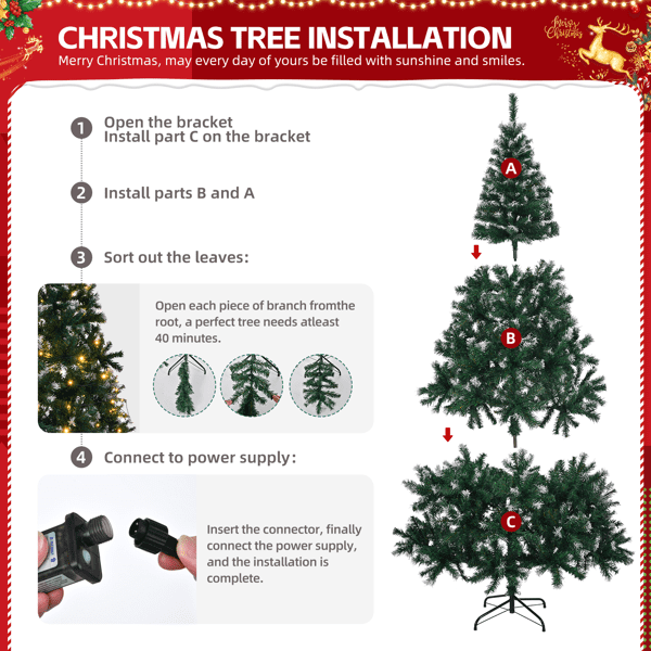 Alvantor 7 ft Snow-Tipped Artificial Christmas Tree with 150 Warm White LED String Lights and Remote, Indoor Christmas Decorations, Green