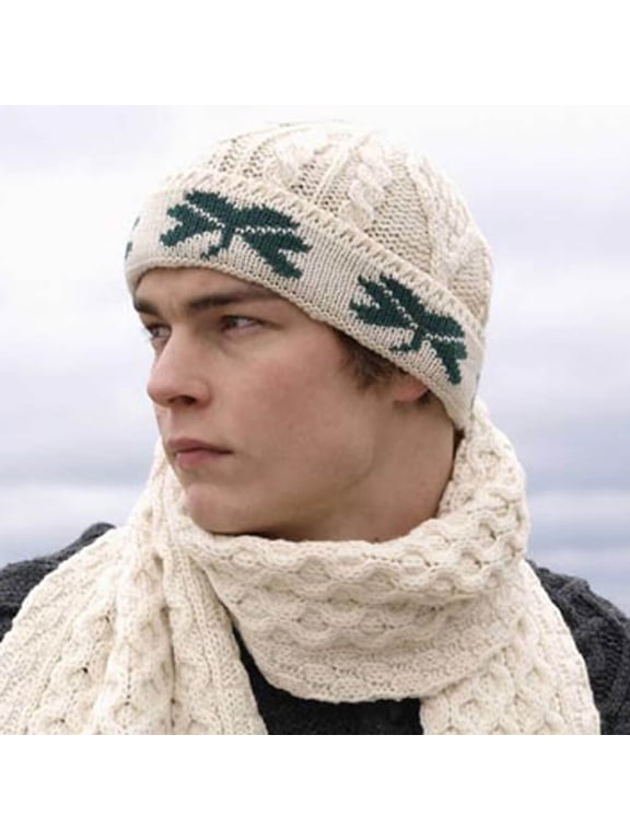 Aran Woollen Mills Shamrock Wool Beanie Hat for Adult Men, One Size
