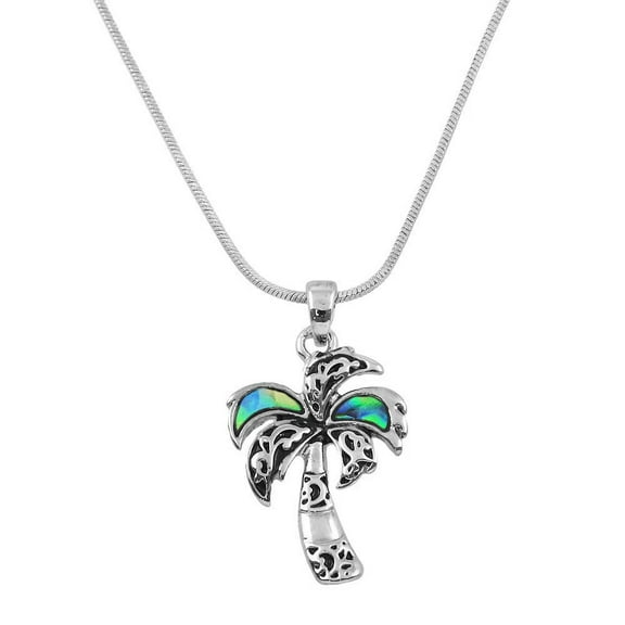 Palm Tree Pendant Necklace Abalone Shell Rhodium Plated 17 Inch Snake Chain J0180