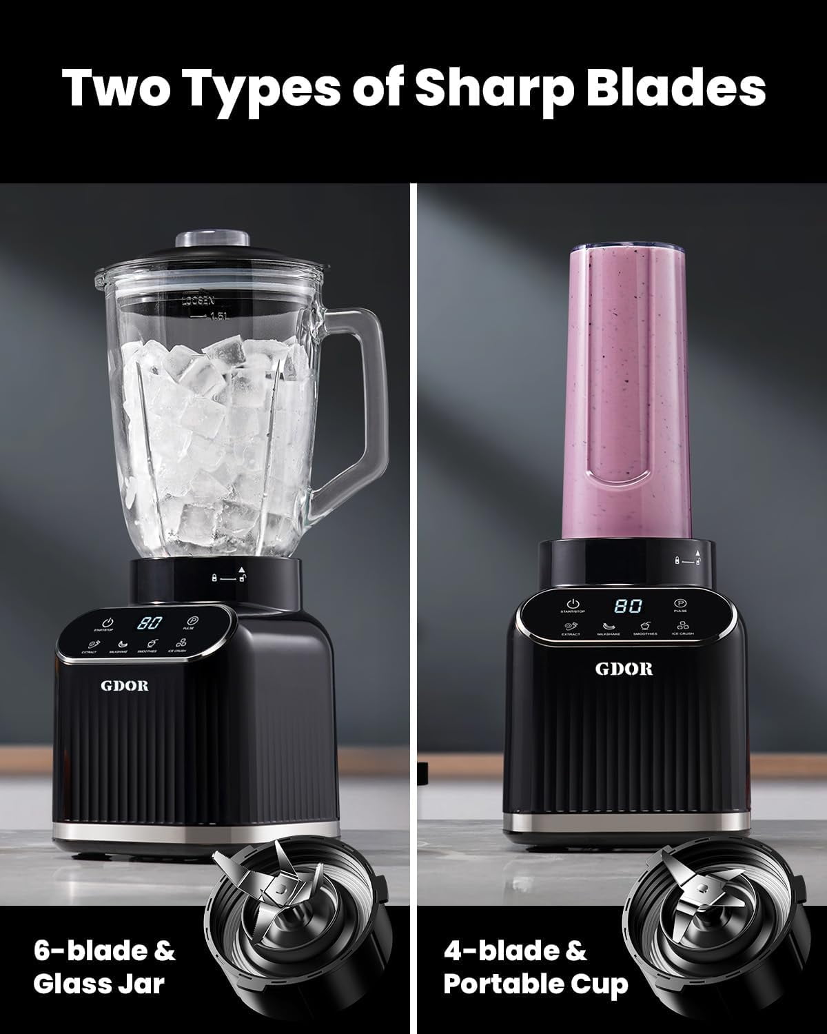 Professional Blender for Kitchen, 1200 Peak  Smoothie Blender, 5 Functions for Ice Crushing & Frozen Fruit, 52 Oz Glass Jar & 24 Oz To-Go Cup Combo, Self-Cleaning, Black