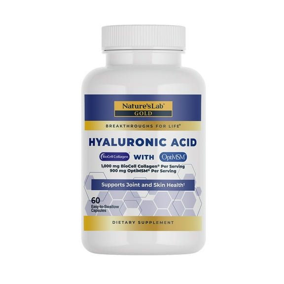 Nature's Lab Hyaluronic Acid with Biocell Collagen and MSM - 60 Capsules (20 Day Supply) - Skin Hydration, Joint Health*