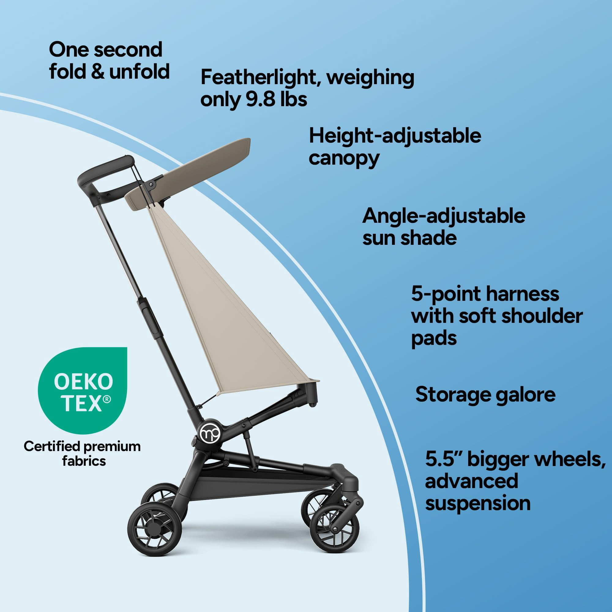 Mompush Jeto Lightweight Travel Stroller, Ultra-Compact One-Hand Fold, for Ages 6–36 Months, Khaki, 10.1LB, Unisex