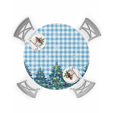 

Round Tablecloth with Elastic Christmas Tree Snowflake Blue and White Buffalo Plaid Waterproof Table Cover Wipeable Fitted Table Cloths for 36 -44 Round Tables Dining Kitchen Indoor Outdoor Use