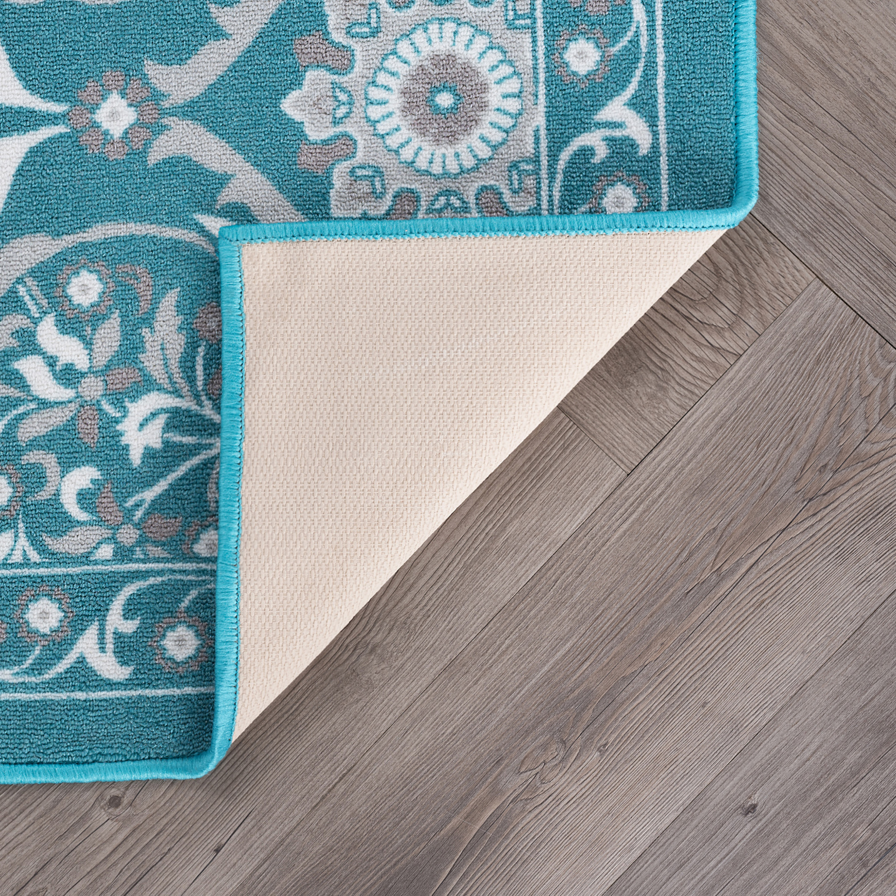 Transitional Area Rug (4-Piece Rug Set: (8' x 10', 5' x 7', 20'' x 60'', 20'' x 32'')) Floral Teal, Ivory Indoor Set Easy to Clean