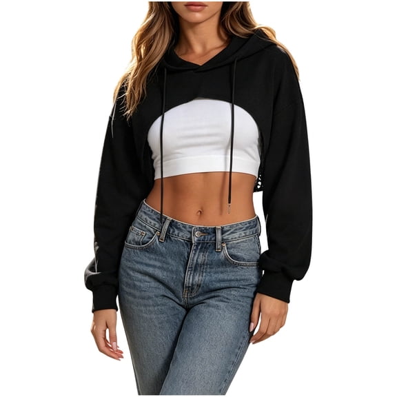 Wyongtao Cutout Crop Hoodie for Women Trendy Super Cropped Drawstring Hooded Sweatshirt Long Sleeve Y2k Tops (2XL, Black)