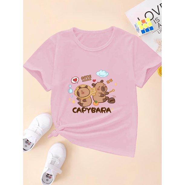 Camiseta transpirable y cómoda para niña con estampado de oso: perfecta para la escuela o para jugar, top informal de cuello redondo.