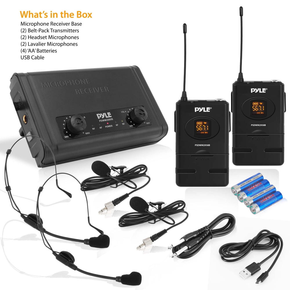Pyle PDWM2880B - Compact UHF Micro System - USB Powered Desktop Mic Receiver System with Adjustable Volume Control, Includes (2) Belt-Pack Transmitters, (2) Headsets & (2) Lavalier Mics (2-C