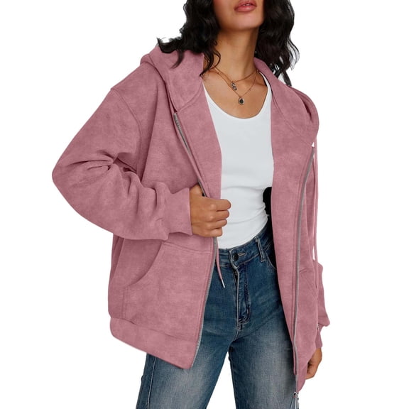 SwiftWear Women's Faux Suede Jacket Oversized Hooded Zip Up Sweatshirts Casual Outerwear​​ Fashion, Pink