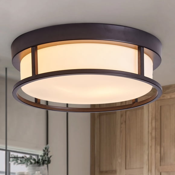Contemporary Matte Black Flush Mount Ceiling Light with Glass Shade, 12.9" Close to Ceiling Light Fixture for Bedroom, Hallway & Entryway