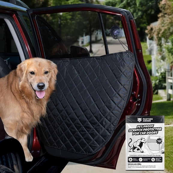 Car Door Protector for Dogs, 2 Pieces. Quilted Anti-Scratch Liner with Adjustable Clips & Suction Cup, Regular Size (28.3" x 21.7") Fits Compact & Medium Cars, Protects Car Doors from Dog Scratches