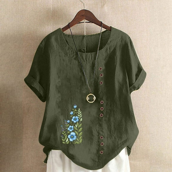 Munlar Green Womens Tops Casual Blouses Cotton Linen Floral Print Crew Neck Loose Short Sleeve Shirts L