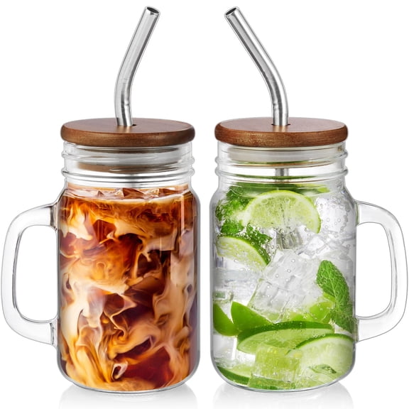 Glass Cups for Iced Coffee, 24oz Mason Jar with Lid and Straw, Mason Jar Coffee Cup, Mason Jars with Handle Drinking Glasses Set of 2