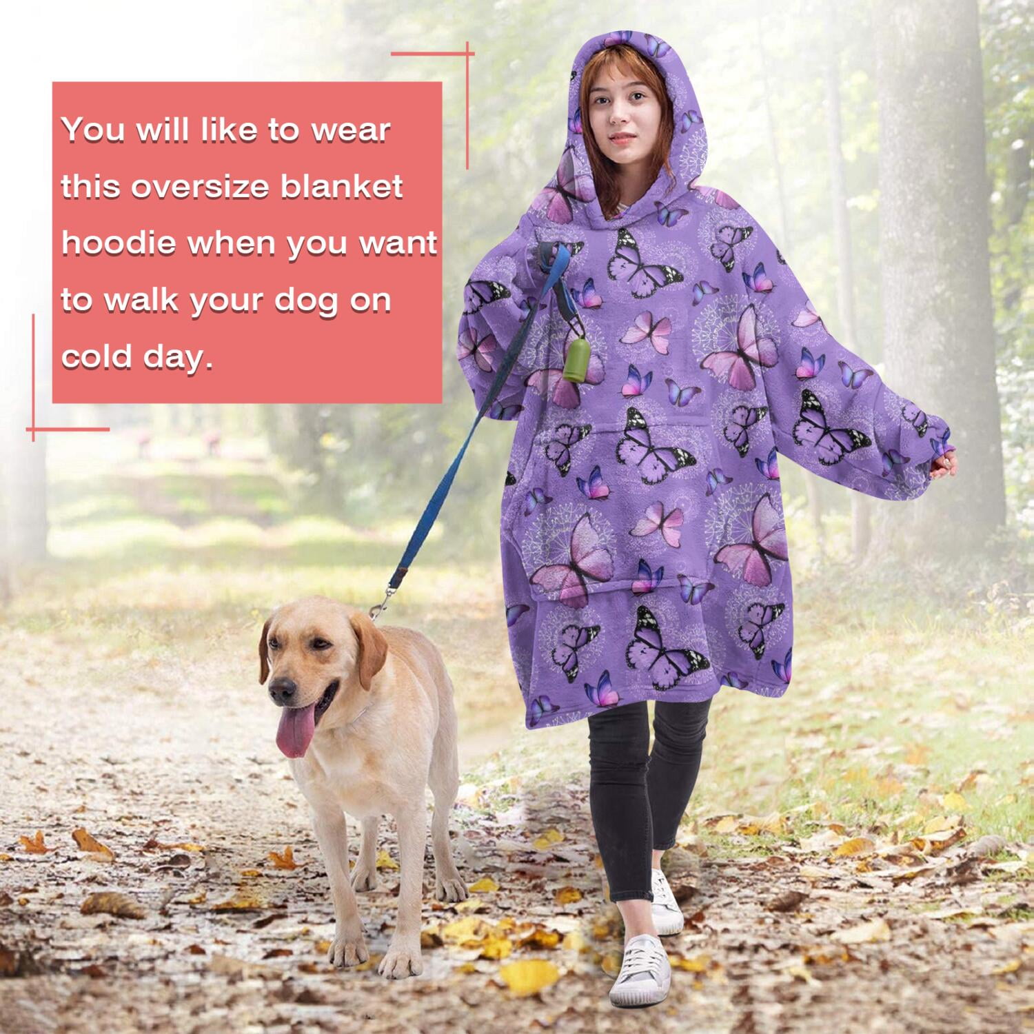 Purple Butterfly Pattern Wearable Oversized Blanket,Wearable Blanket Hoodie for Adults,Cozy Hooded Blankets with Super Pockets,Super Warm Fuzzy Pullover for Women & Men