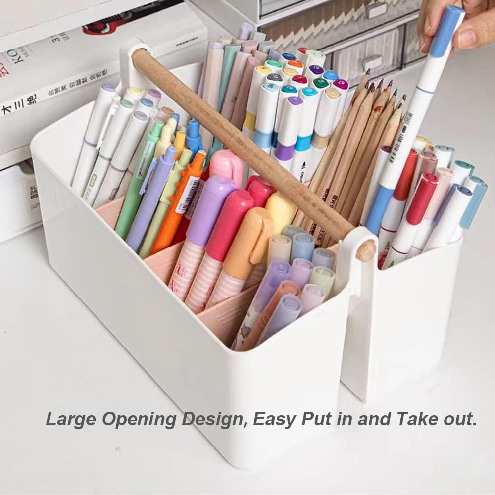 Marker Organizer, Art Caddy with Handle, Art Supply Storage Organizer with Adjustable Dividers, Portable Storage Bin for Craft Supplies Colored Pencils Makeups Tools Pen Holder for Desk