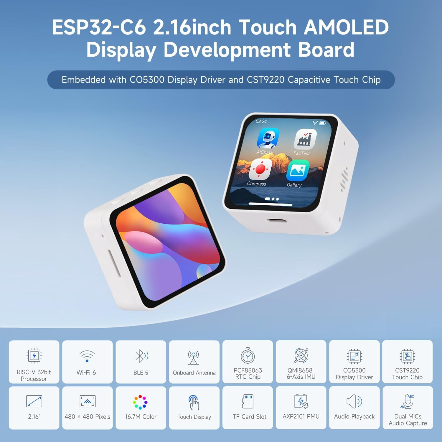ESP32-C6 2.16inch AMOLED Display Touch Screen Development Board, 480 × 480 Resolution, 16.7M Color, Supports Dual Microphones, Wi-Fi 6 and BLE 5, No BAT