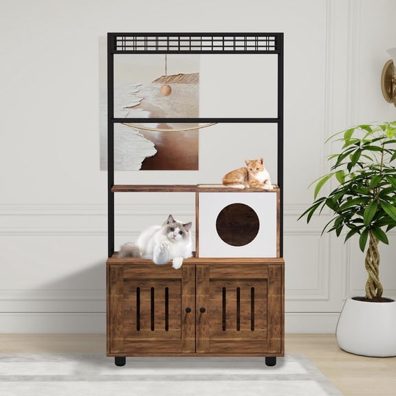 TROPOW 60" Cat Litter Box Furniture Cabinet with Condo, Brown Cat House with Storage Shelf, Sisal Hammock, Hanging Play Ball and Reversible Entry Door, Hidden Litter Enclosure for Indoor Cats