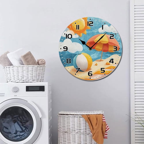 ZXCXRQFa Silent Clocks Cute Beach Themed Summer Wall Clock Art Hanging Clocks Silent Non-Ticking Desk Clock Battery Operated Round Home Style Numeral Decorative Wall Clocks