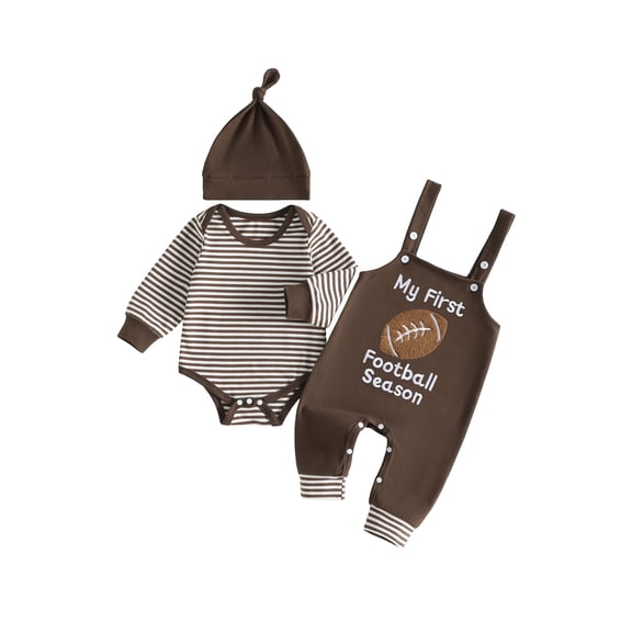 Cjfdfy Newborn Baby Boy Fall Clothes My First Football Season Long Sleeve Striped Romper Overalls Pants Hat Set Newborn Coming Home Fall Winter Clothes