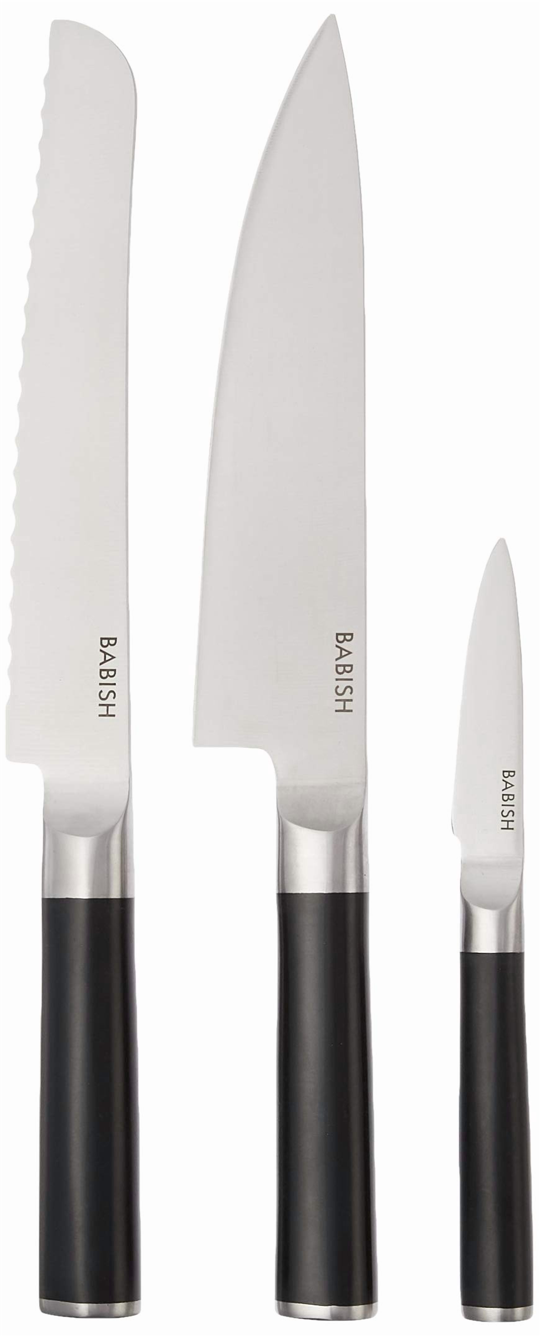 Babish German High-Carbon 1.4116 Steel Cutlery Knife Set, 3-Piece (Chef, Bread, & Pairing Knive) w/Kitchen Knives Roll