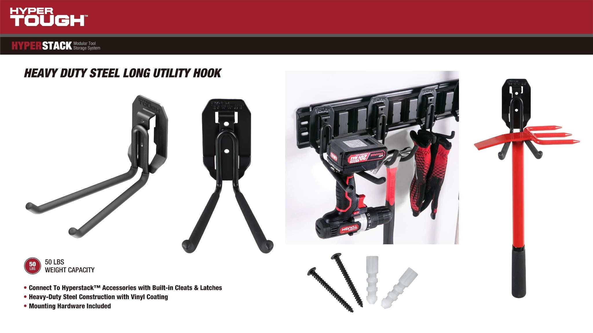 Hyper Tough Hyper Stack Heavy Duty Steel Long Utility Hook, Black