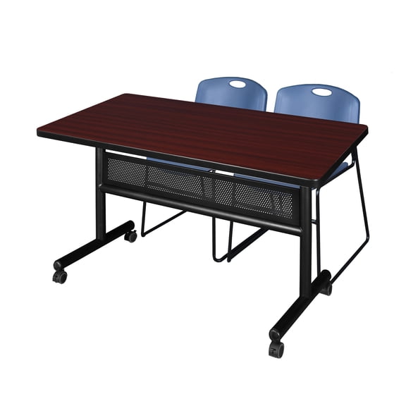 48" x 30" Flip Top Mobile Training Table w/ Divider- Mahogany & 2 Stack Chairs