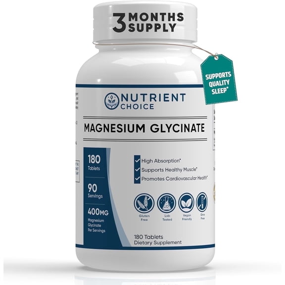 Nutrient Choice Magnesium Glycinate Supplement, 400 mg, 180 Tablets, High Absorption, Non-GMO, Gluten-Free, Vegan