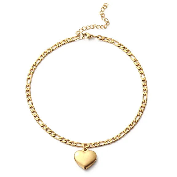 Women's Ankle Leg Bracelet Beach Jewelry Ladies 14K Yellow Gold Figaro Chain With Heart Pendant Anklets for Women