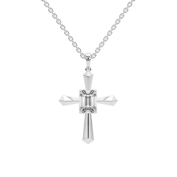 Lab Diamond Dangling Pendant Necklace For Women | 1 Carat IGI Certified Emerald Shape | Serenity Cross Lab Diamond Pendant In 14K White Gold | FG-VS1-VS2 Quality | Friendly Diamonds