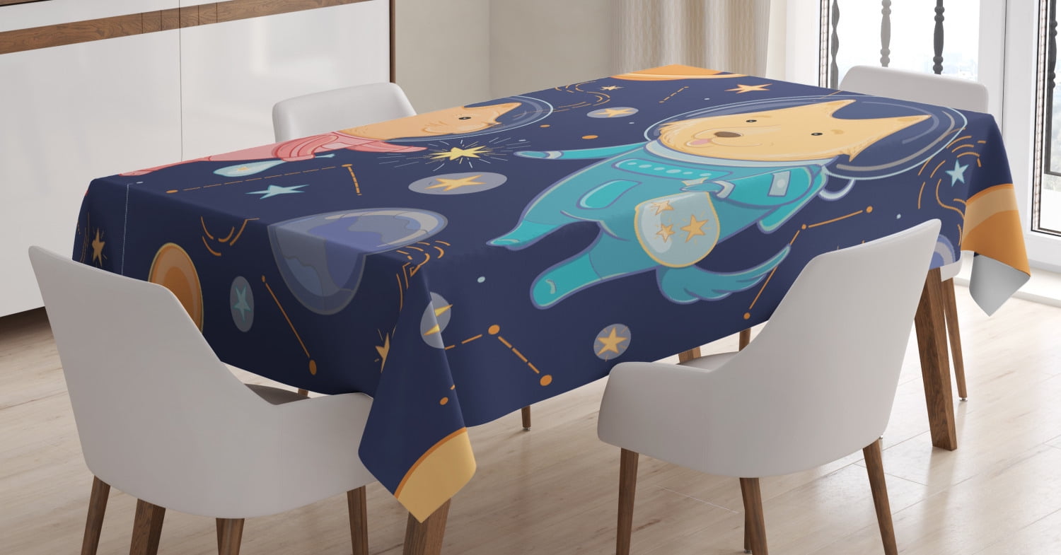 Space Tablecloth, Cartoon Dog and Cat Floating among the Stars Animal