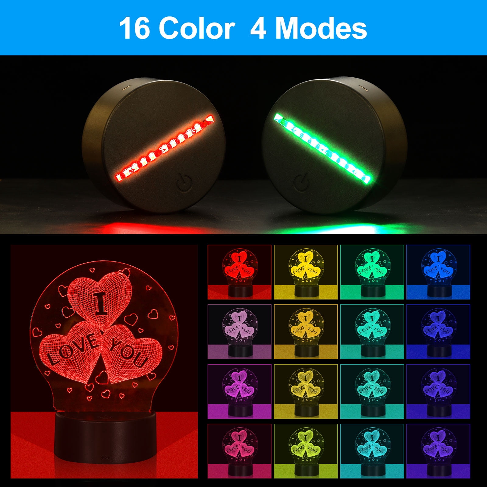 Uxcell 12 Pieces 3D Night LED Light Lamp Base 16 Colors Light Display Base with Remote Control and USB Cable (12 Pieces)